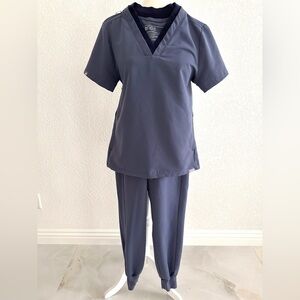 Figs Double V Neckline Scrubs Set Blue, Medical Uniform
